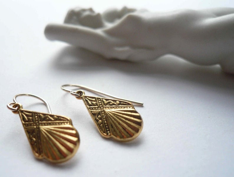 Gold Art deco earrings, small gold bridal earrings, vintage 1920s style small gold geometric teardrops, 14K gold fill ear wires, affordable gift