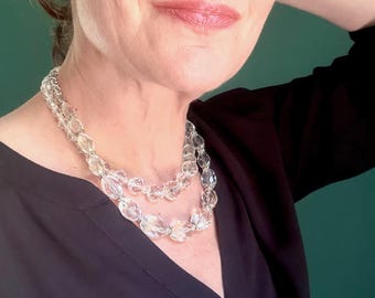 Old Austrian crystal necklaces Heavy glass layering necklace pair April Aries birthday gift idea Colorless unsigned vintage beaded chains