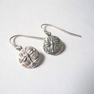 Silver dragonfly earrings, dainty coin dangles for the naturalist on high quality 925 sterling ear wires, sweet gift for spring gardener image 1