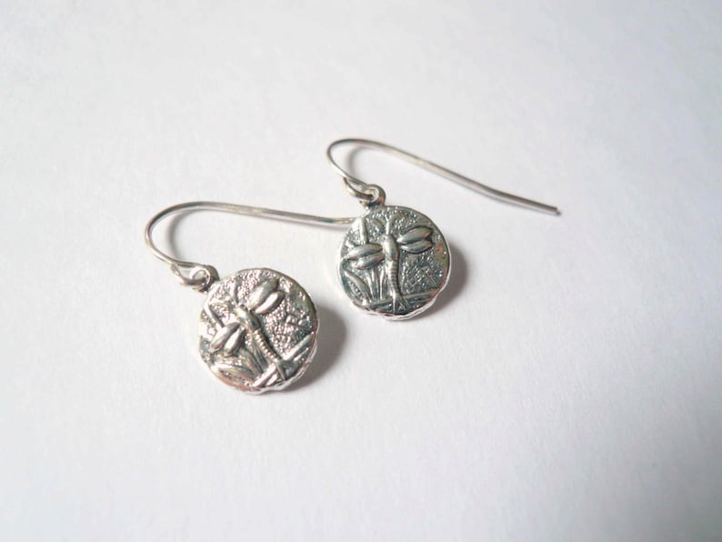 Silver dragonfly earrings, dainty coin dangles for the naturalist on high quality 925 sterling ear wires, sweet gift for spring gardener image 1