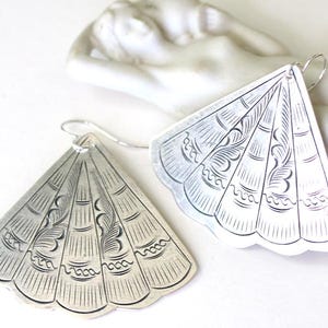 Moroccan silver earrings Lightweight fan southwestern dangles Mexican style 925 solid sterling USA ear wires Handmade stamped brass pendants