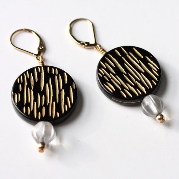 Vintage MCM earrings, gold and black earrings, atomic 1950s jewelry, mid century mod gift, new hypoallergenic 14KGF, black and gold discs View 3