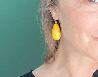 Egg yolk primary yellow earrings Vintage teardrop bright mustard dangles New 14KGF gold fill hypoallergenic Large statement earring drops