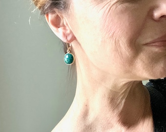 May birthstone emerald earrings, faceted emerald green and gold round dangle drop earrings on 14KGF, BFF valentines day gift Taurus Gemini