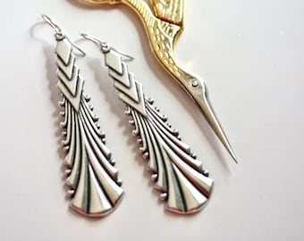 Long silver Art Deco earrings, silver lightning bolt earrings, very Deco dangles, 1920s silver geometric drops, statement flapper earrings