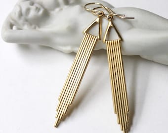 Long gold Art Deco earrings Skinny dangles 1920s geometric drops New York skyscraper Chrysler NYC souvenir Great Gatsby flapper costume idea