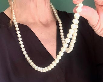 Vintage very long white pearl necklace 36 inch knotted strung white pearls Classic opera flapper Mid Century MCM June birthday gift for grad