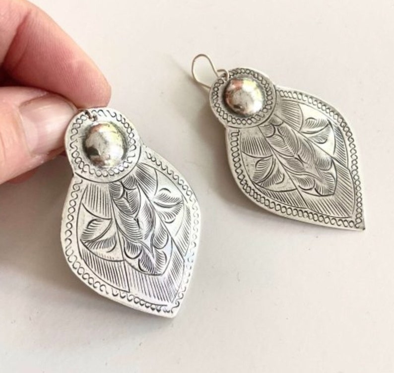 Moroccan silver earrings, Lightweight southwestern silver dangles, Mexican style stamped tin, Sterling ear wires, hand stamped Thai pendants image 1