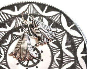 Silver Art Nouveau earrings, striped floral bell