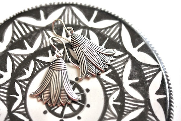 Silver Art Nouveau earrings, striped floral bell