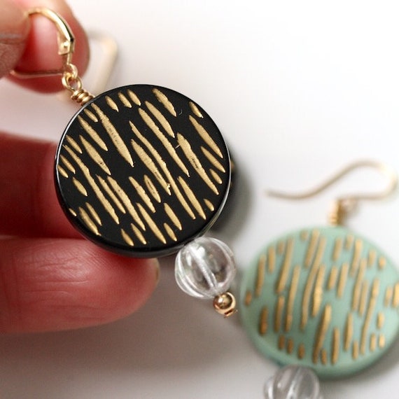 Vintage MCM earrings, gold and black earrings, atomic 1950s jewelry, mid century mod gift, new hypoallergenic 14KGF, black and gold discs View 4