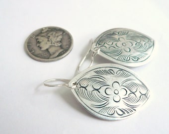 Nouveau silver flower earrings Feminine art nouveau silver dangles Mexican style lightweight for sensitive ears New 925 sterling backs