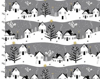 PEACE ON EARTH - Black, White and Gold Mountain Houses by 3 Wishes Fabrics - Holiday, Christmas, Quilt Fabric