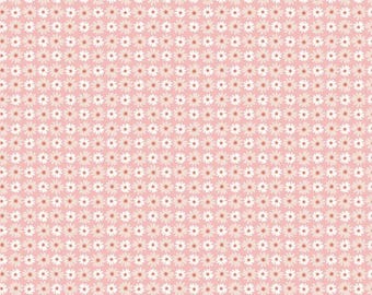 May include: A seamless pattern of small white flowers on a light pink background.
