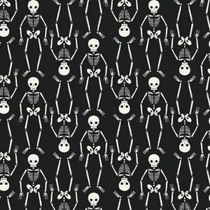 May include: A black and white seamless pattern featuring a repeating design of skeletons. The skeletons are in a standing position with their arms outstretched.