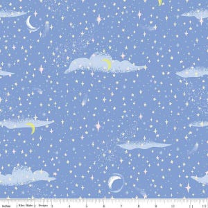 May include: A blue fabric with a white starry night sky pattern. The pattern includes white stars, crescent moons, and clouds.