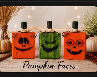 Pumpkin Faces | Set of 6 | Laser Cut to fit on a 2x4 | Birch Wood | Wood Craft Suppy | DIY Halloween