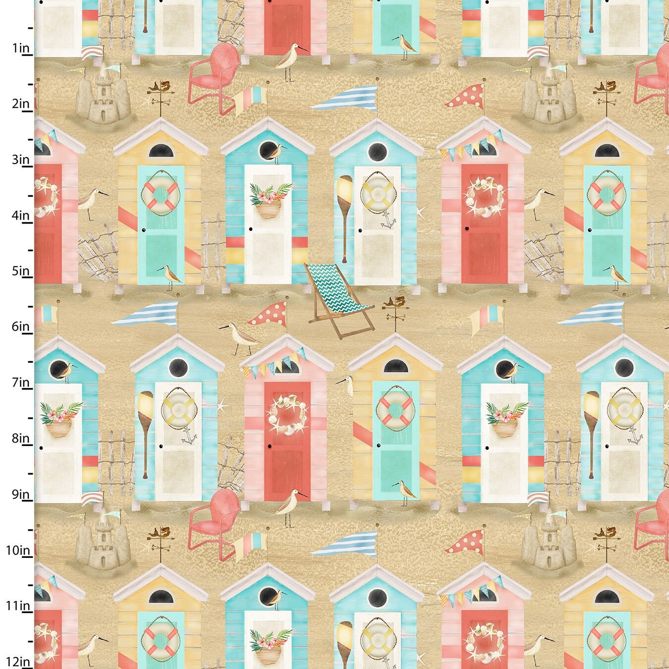 BEACH TRAVEL - Beach Huts - by Beth Albert, 3 Wishes Fabrics - aqua, sand, pink, coral, green, ocean VW, out houses
