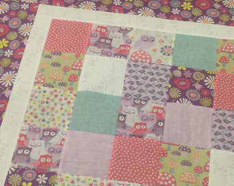 PIPPIT MOESBY Modern Quilt Top - 43 x 47 -Unfinished Quilt - handmade quilt top, baby owls mushrooms and flowers quilt baby blanket, bedding