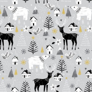 PEACE ON EARTH - Black, White and Gold Tossed Bears, Deers by 3 Wishes Fabrics - Holiday, Christmas, Quilt Fabric