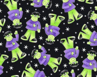 HERE WE GLOW by Henry Glass Fabrics - Glow in the Dark Fabric, yardage, halloween skeletons, frankenstein