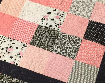Modern Baby Quilt - Handmade - Baby Girl - 43 x 43 - pink white black - baby blanket - baby girl bedding - girl crib
