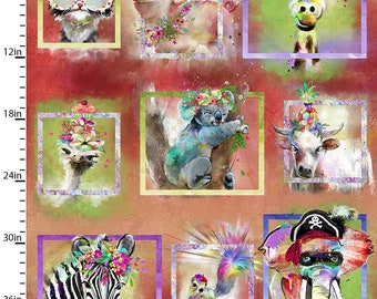 PARTY ANIMALS Collection by 3 Wishes Fabrics, Connie Haley, 17318-MLt-CTN-D, zebra, giraffe, bunny, cat, ostrich, animals wears glasses hats