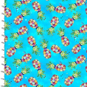 May include: A seamless pattern featuring colorful pineapple illustrations on a turquoise blue background. The pineapples are made up of various colored squares and have a watercolor effect. The background has a subtle watercolor effect with white speckles.