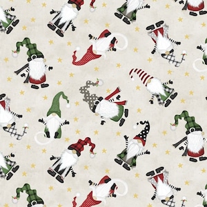 GNOME-ANTICS - Gnomes Tossed on Light Grey from Wilmington Prints - 1828 82624 137 - multi, tossed, black, white, red GNOMEANTICS