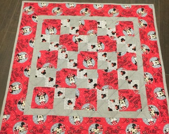 MINNIE MOUSE Baby Quilt - Modern Disney Quilt - 37 x 37 - disney minnie mouse - ready to go - handmade quilt - 4 patch - red  black white