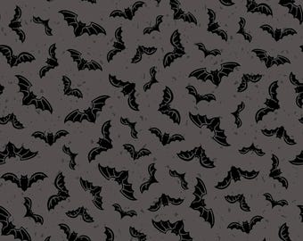 May include: A seamless pattern featuring black bat silhouettes scattered across a textured, dark gray background. The bats vary in size and orientation, creating a dynamic and spooky design, perfect for Halloween-themed products.