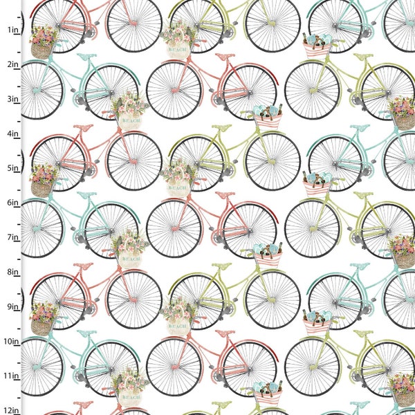 BEACH TRAVEL - Beach Bicycles - by Beth Albert, 3 Wishes Fabrics - aqua, sand, pink, coral, green, ocean VW, out houses