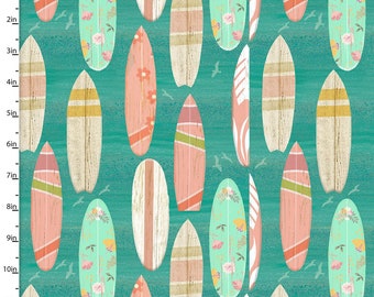 BEACH TRAVEL - Surf Boards - by Beth Albert, 3 Wishes Fabrics - aqua, sand, pink, coral, green, ocean VW