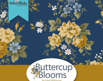 May include: A navy blue floral fabric design featuring large yellow and blue flowers with green leaves. The fabric has a repeating pattern of blooms and the text "Buttercup Blooms" is displayed on the fabric.