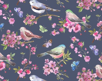 SERENDIPITY Blueberry Spring Birds by Whistler Studios, Windham 51620-4, yardage, quilt studio, by the yard, birds, country floral