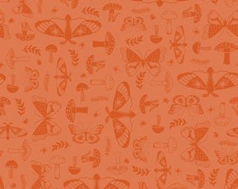 GOTH GARDEN by Maywood Studio – A Hauntingly Beautiful Fabric Collection - Orange Moths & Mushrooms #10853M-O