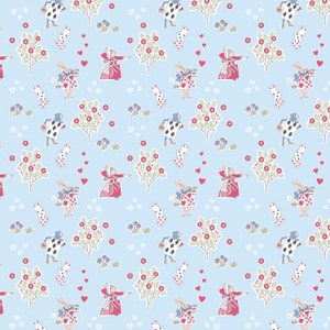 May include: A light blue background with a repeating pattern of white hearts, red hearts, white flowers, green bushes, playing card suits, and illustrations of a queen of hearts, a jack of spades, and a rabbit holding a playing card.