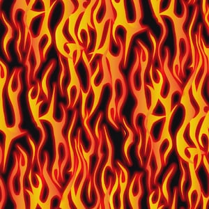 May include: A seamless pattern of stylized flames in shades of red, orange, and yellow against a black background. The flames are elongated and have a glowing effect, creating a dynamic and energetic design.