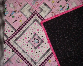 PARIS CAFE Handmade Modern Quilt - 42 x 42 - baby girl quilt - baby blanket - pink black white