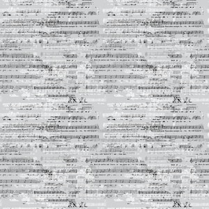 May include: A seamless pattern of black and white sheet music with a gray background. The music is faded and distressed, giving it a vintage look.