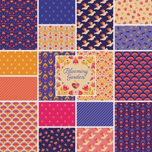 May include: A collection of colorful floral and geometric patterns. The designs include stylized flowers, birds, and fan shapes in shades of blue, orange, pink, and yellow. The text "Blooming Garden" is featured in the center, surrounded by floral elements.