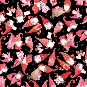 BE MY GNOMIE, Sweet Gnomes on Black by Benartex Fabrics, Valentines Love Fabric, yardage