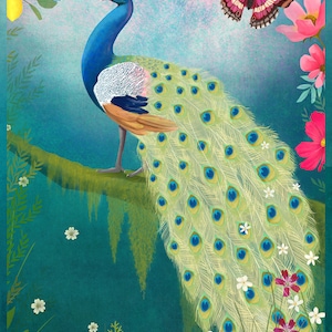 May include: A peacock with a vibrant blue and green plumage stands on a mossy branch with its tail feathers spread out in a fan shape. The background features pink and white flowers, butterflies, and a teal blue sky.