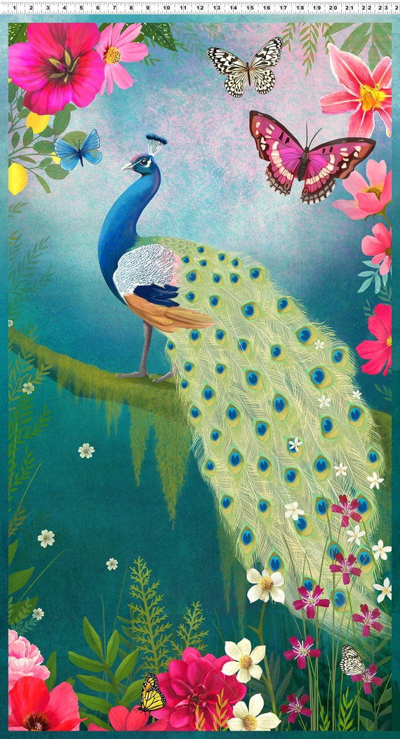 PEACOCK GARDEN by Clothworks Fabrics, 24" Panel #3148-105