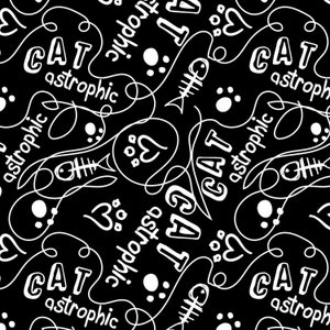 BLACK CATASTROPHIC by Camelot Fabrics, Rachael Hale, Black and White Fabric, Cats Rule Collection, 34180107-2