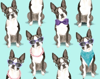 A DOGS LIFE, French Bulldogs by 3 Wishes Fabrics - Turquoise, glasses, black, white, ties, bows, cotton quilt fabric, 18033-TRQ, frenchie