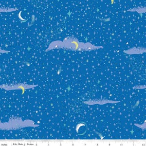 May include: A blue fabric with a repeating pattern of white stars, yellow shooting stars, and purple clouds with yellow crescent moons. The fabric is perfect for quilting, crafts, and home decor.