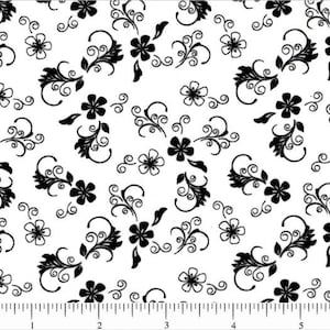 FLOWER SWIRL Black and White Cotton Fabric, yardage, cut from bolt, white background, mask