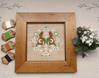 Folksy Snowdrop Hares Cross Stitch Pattern - Spring Folk Art Flower-Instant Download PDF
