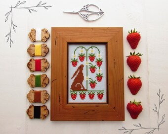Hare and Strawberries Cross Stitch Pattern - Bunny Rabbit Cross Stitch - Instant Download PDF